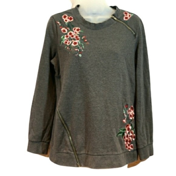 Nanette Lepore Gray Floral Embroidered Pullover Sweatshirt Size Small - Picture 1 of 12